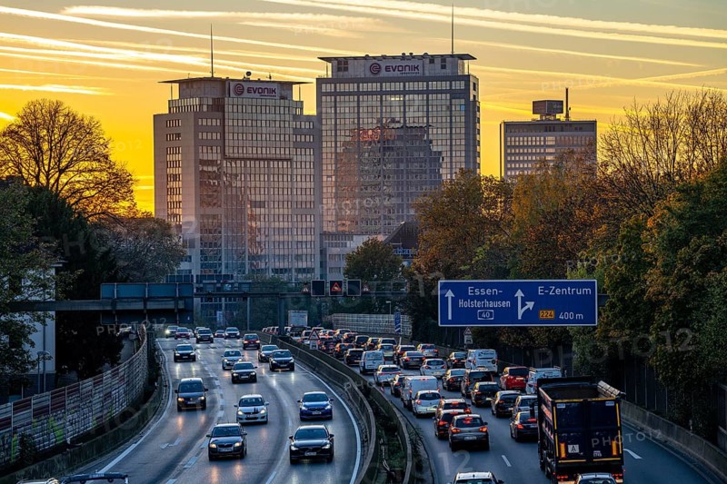 Evening traffic, partly with traffic jams, slow-moving traffic on the A40 motorway, Essen skyline, Evonik Group headquarters, Essen, North Rhine-Westphalia, Germany, Europe