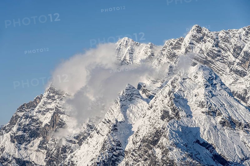 Watzmann summit, Watzmann ridge with snow and wispy clouds, from Jenner, Berchtesgaden National Park, Berchtesgaden Alps, Schönau am Königssee, Berchtesgadener Land, Bavaria, Germany, Europe