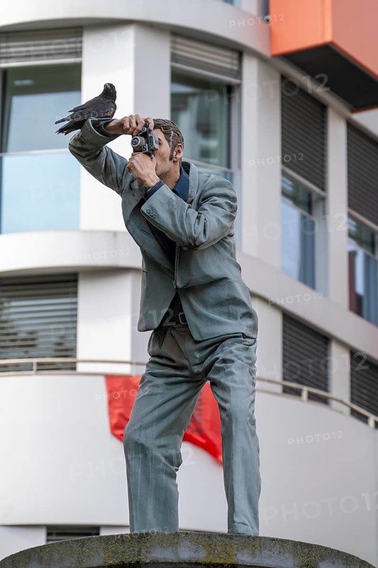 Real crow on a pillar saint, The Photographer, in front of the main railway station in Düsseldorf, one of 10 realistic, life-size sculptures of people on advertising pillars by Düsseldorf artist Christoph Pöggeler, public art, North Rhine-Westphalia, Germany, Europe