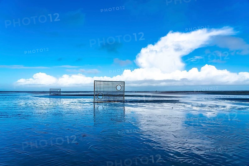 Football pitch, football field, Tor tor, on the beach, tidal creek, in the west of Borkum, island, East Frisia, winter, season, autumn, Lower Saxony, Germany, Europe
