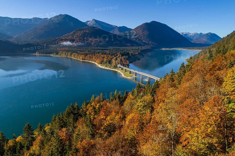 Aerial view of a mountain lake and autumnal coloured trees in the morning light, Sylvensteinsee, Karwendel Mountains, Upper Bavaria, Bavaria, Germany, Europe