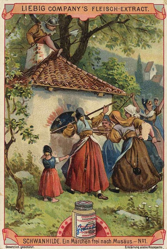 Picture series Schwanhilde, a fairy tale freely adapted from Musäus, Liebig picture, digitally restored reproduction of a collector's picture from around 1900, public domain, exact date unknown, woman working at a traditional oven in a rural fairy tale scene