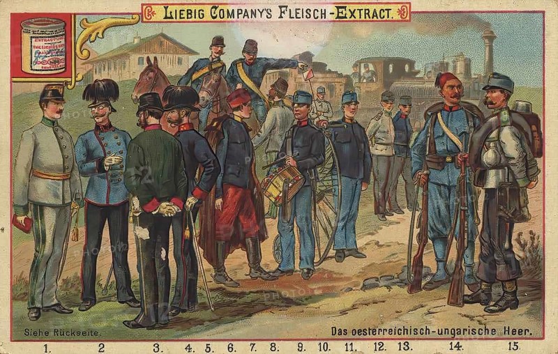 Picture series The Austro-Hungarian Army, Liebig picture, digitally restored reproduction of a collective picture from ca 1900, public domain, exact date unknown, A group of Austro-Hungarian soldiers in different uniforms on the march