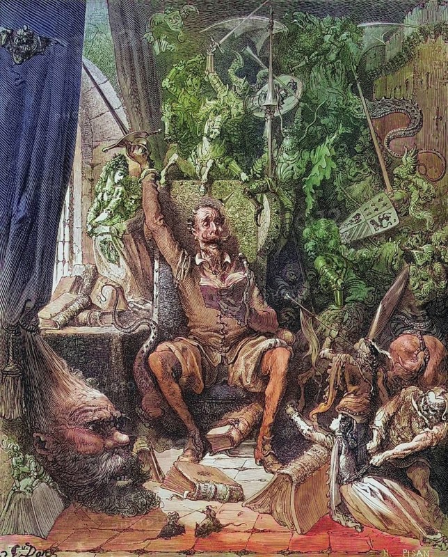Illustration by Gustave Dore (1832-1883) for Don Quixote among his books in his library from Don Quixote by Miguel de Cervantes Saavedra, Historical, digitally restored reproduction from a 19th century original, Record date not stated