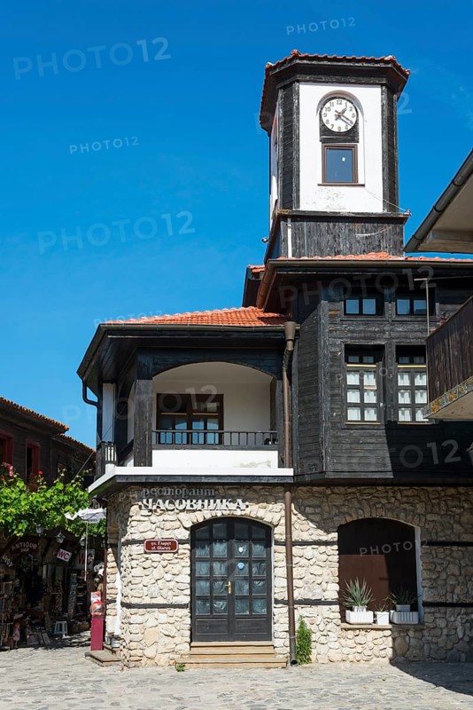 Tower with clock on a traditional building under a clear blue sky, clock tower, Black Sea, Nesebar, Nessebar, Burgas, Bulgaria, Europe