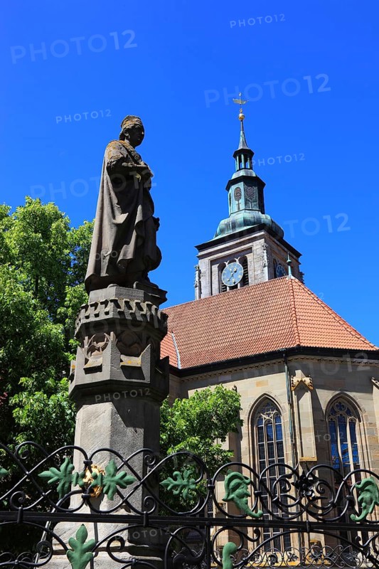 Regiomontanus Fountain on the market square and late Gothic, Evangelical-Lutheran St Mary's Church, Königsberg in Bavaria, Königsberg i.Bay, town in the district of Haßberge, Lower Franconia, Bavaria, Germany, Europe