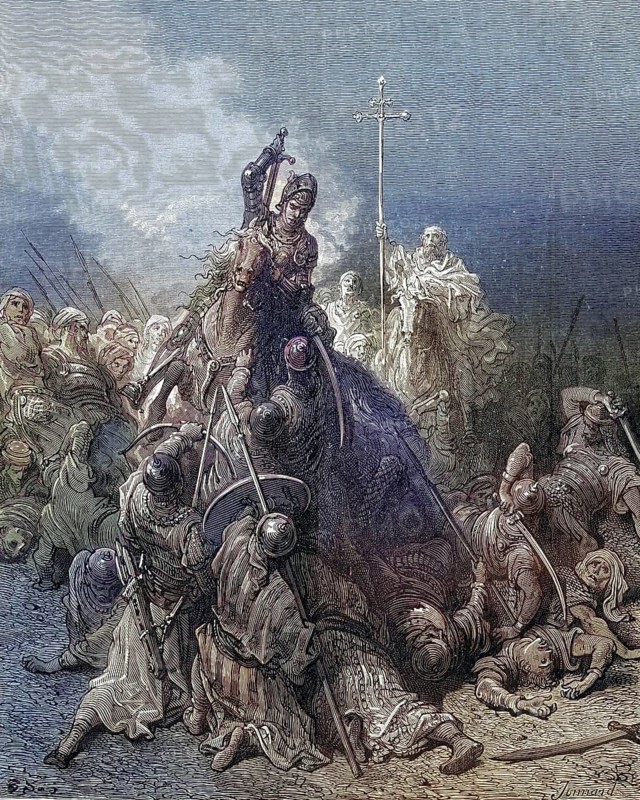 Christian knights fight against Saracens, Historical, digitally restored reproduction from a 19th century original, Record date not stated