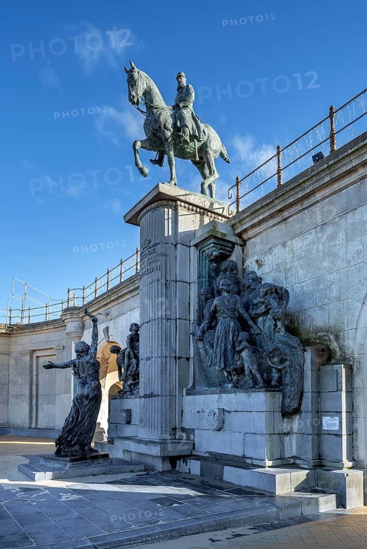Equestrian statue of King Leopold II near the Royal Galleries, Koninklijke Gaanderijen at seaside resort Ostend, Oostende, West Flanders, Belgium, Europe