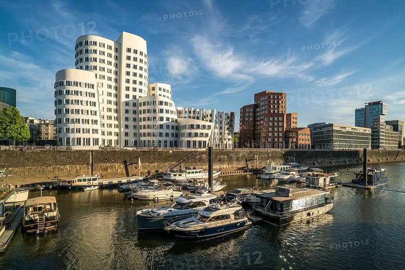 The Neue Zollhof with the Gehry buildings by architect and designer Frank Gehry in the Media Harbour, state capital Düsseldorf, North Rhine-Westphalia, Germany, Europe