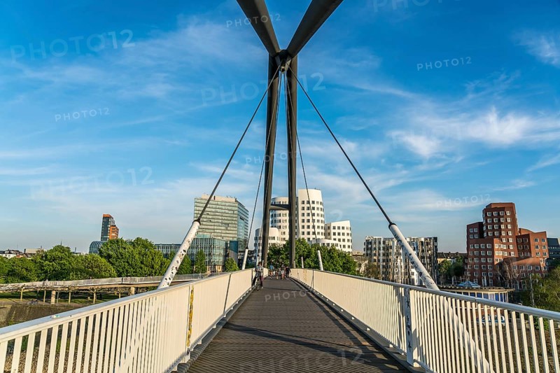 Bridge at the Media Harbour and the New Customs Yard with the Gehry buildings by architect and designer Frank Gehry, Media Harbour, state capital Düsseldorf, North Rhine-Westphalia, Germany, Europe