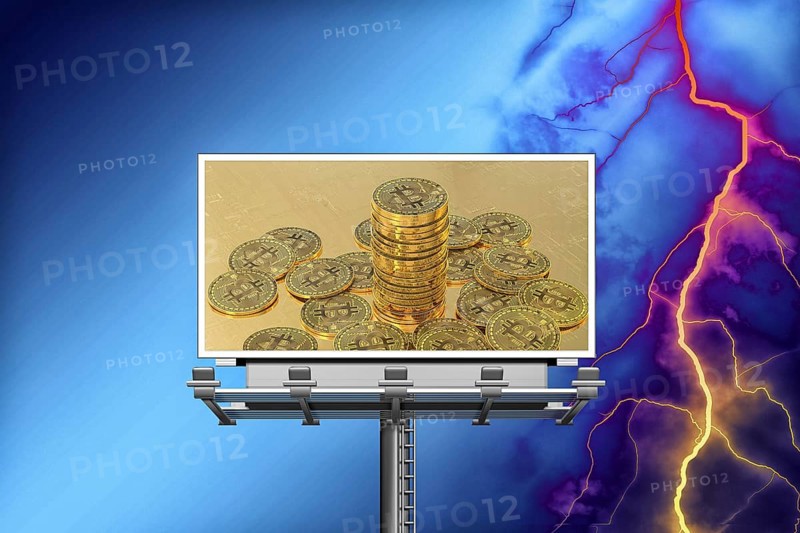 Symbolic image, Bitcoin on billboard, storm, questionable vision of the future, stock market prices, insecure digital currency, resources, energy, industry, economy critical, stock market hype, stock market crash, payment, insolvency, wrong decisions, maximum profit, profit slump, share prices, Germany as a business location, global economy, globalisation, environmental protection, mafia, Trump government, Bitcoin rally, cryptocurrency, electronic wallet, crypto reserve, price development, stock market trading
