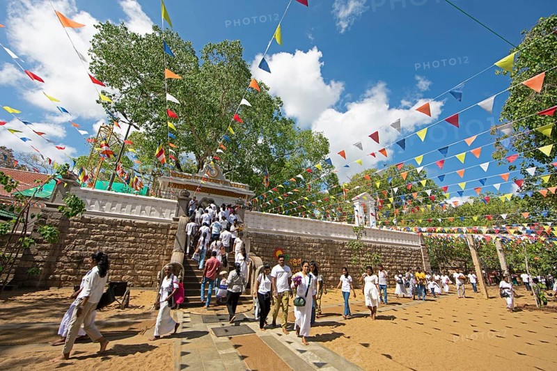 Sri Lankan pilgrims in the holy city of Anuradhapura, behind the Bodhi tree, North Central Province, Sri Lanka, Asia