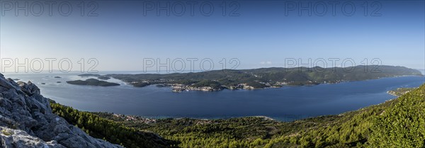 Panoramic view of a coastline overlooking the island of Korcula and sea, Korcula, Neretva, Croatia, Europe