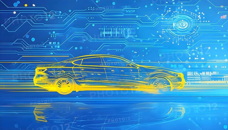 Sport car silhouette with vibrant blue and yellow dynamic lines showing motion, surrounded by data streams, AI generated