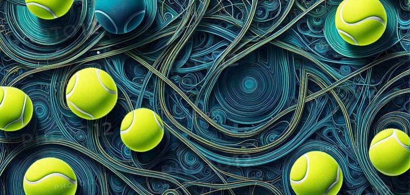 Vibrant mix of abstract circuitry intertwined with tennis balls, representing AI role in personalized sports training, AI generated