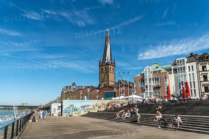 Steps on the Rhine promenade in front of St Lambert's Basilica, state capital Düsseldorf, North Rhine-Westphalia, Germany, Europe
