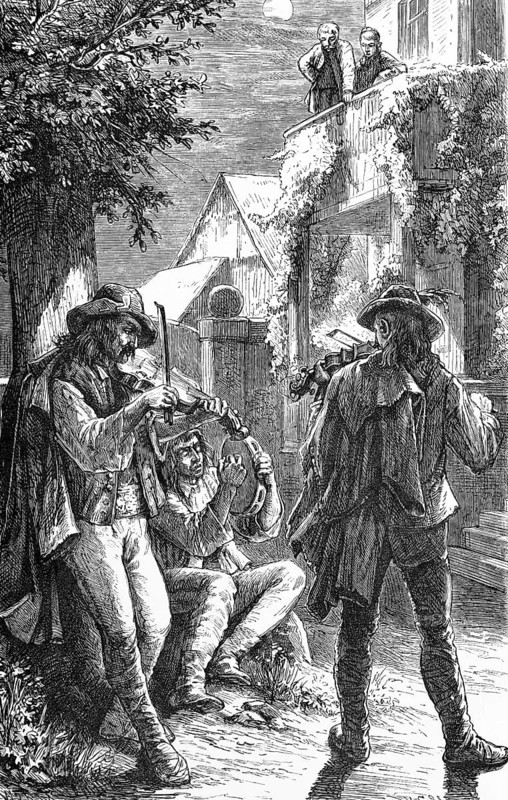 Three street musicians giving a concert under a full moon, two violins and a tambourine, travelling journeymen, old couple listening from the balcony, small town idyll, historical illustration 1882