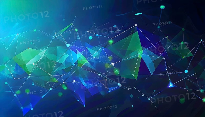 Abstract polygons shifting and rotating seamlessly, connected by glowing lines representing AI networks, vibrant hues, AI generated