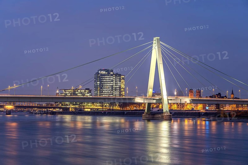 Severinsbrücke bridge over the Rhine and the Deutz district at dusk, Cologne, North Rhine-Westphalia, Germany, Europe