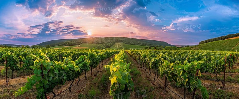Scenic sunset over winery fields and grapevines that produce wine, Shiraz, Merlot, Cabernet, AI generated