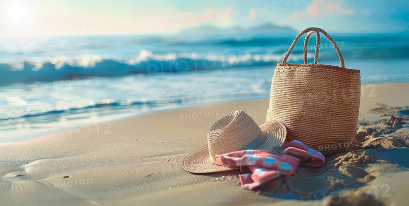 Beach scene with a straw hat, beach bag. Summer vacation, palm trees and ocean in the background, AI generated
