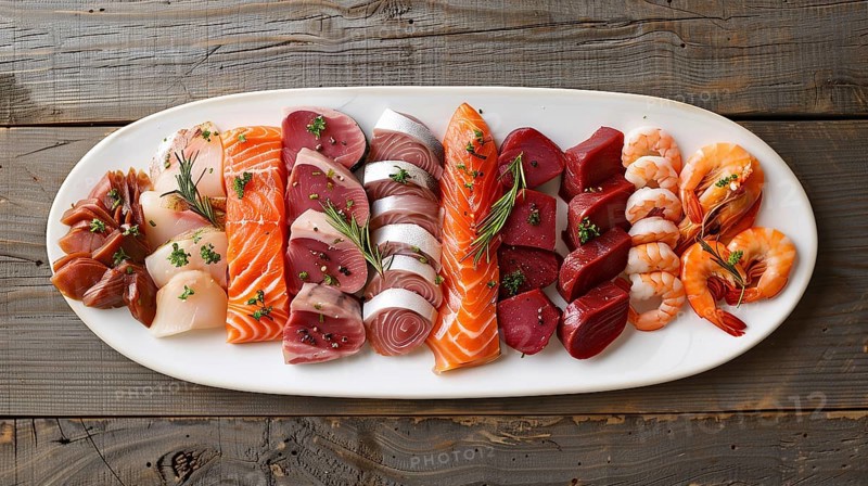 All meat and fish platter overhead. generative AI, AI generated