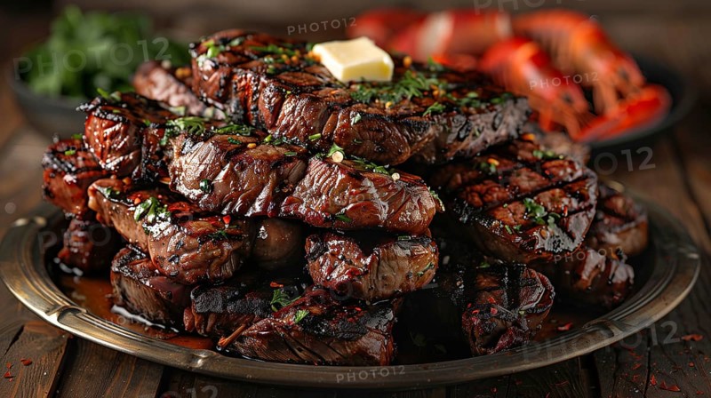 Plate with A stack of several grilled steaks with butter on top. generative AI, AI generated