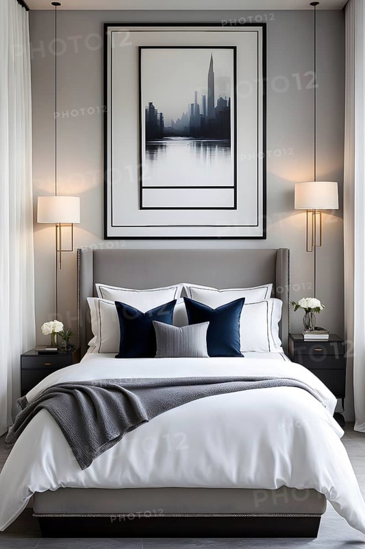 Empty modern bedroom with a large, plush bed covered in white linens, a single framed artwork on the wall, and natural light filtering through sheer curtains, AI generated