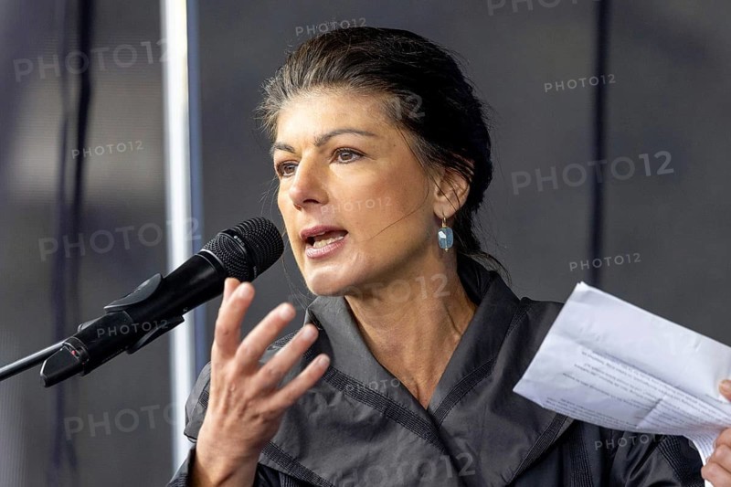 Sahra Wagenknecht, founder of the BSW (Alliance Sahra Wagenknecht, Reason and Justice) at the Die Waffen nieder demonstration on the Großer Stern in Berlin. The event is directed against all wars and calls for an immediate stop to all arms deliveries. Berlin, 03.10.2024