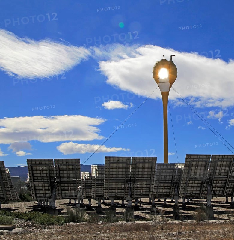 Heliostats reflect sunrays to receiver tower, solar energy scientific research centre, Tabernas, Almeria, Spain, AORA Tulip System, Europe