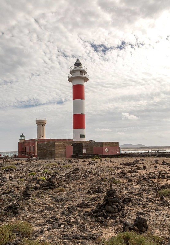 Red and white striped lighthouse, Faro de Toston, El Cotillo, Fuerteventura, Canary Islands, Spain, Europe