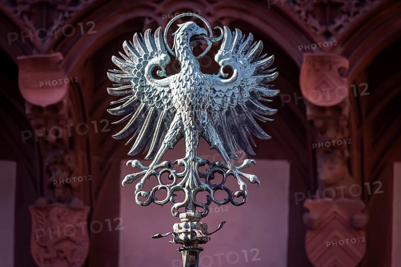 Historical city coat of arms in front of the Römer, town hall of Frankfurt am Main, Hesse, Germany, Europe