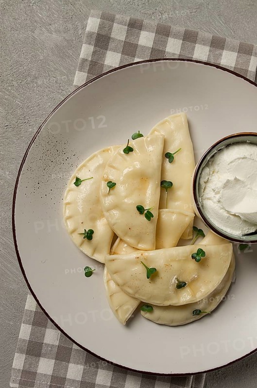 Pierogi, a traditional dish of Polish cuisine, dumplings, top view, close-up, no people