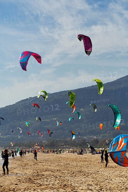 Coastline, countless kitesurfers, hotspot for surfers, Tarifa Beach, Tarifa, Cadiz, Costa de la Luz, Andalusia, Spain, Europe