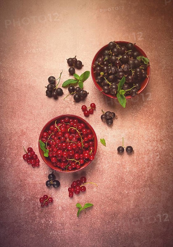 Berries, fresh, red currant, and black gooseberry, in bowls, top view, no people