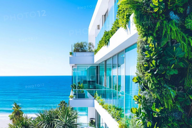 Luxury condo facing scenic ocean view and a beach, AI generated