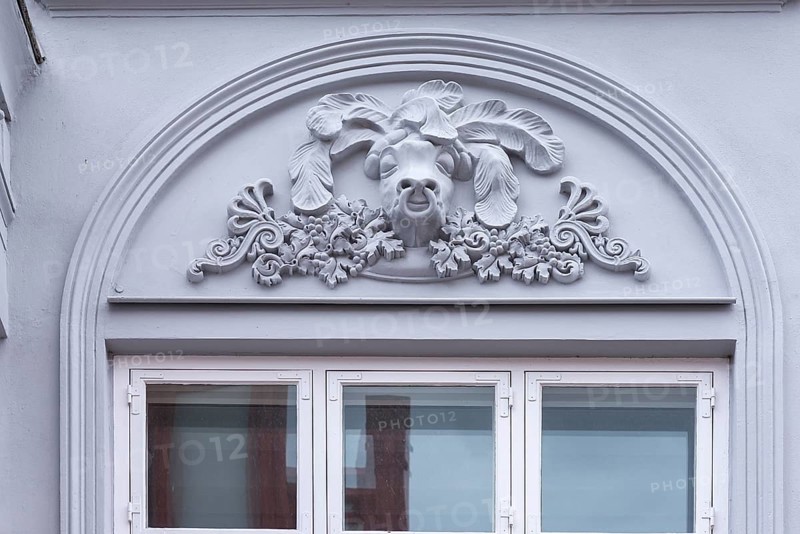 Relief of a bull above the window of a former butcher's shop, Wismar, Mecklenburg-Vorpommern, Germany, Europe