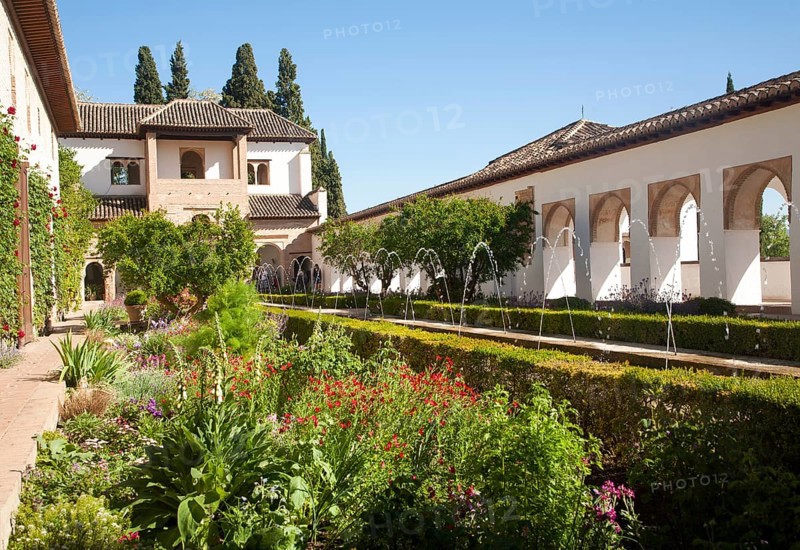 Patio de la Acequia, Court of the water Channel, Generalife palace gardens, Alhambra, Granada, Spain, Europe