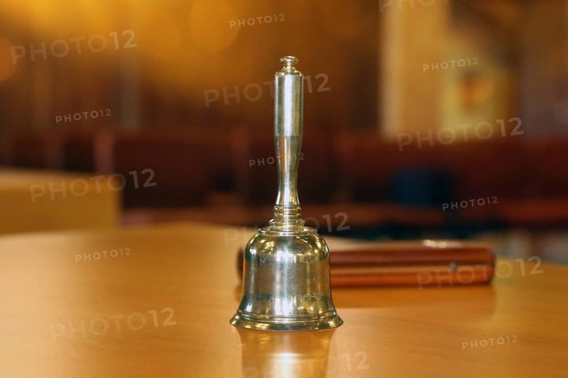 Close-up of a hand bell used, for example, in meetings, committees or courtrooms (here: council chamber of the municipality of Mutterstadt, Rhineland-Palatinate)