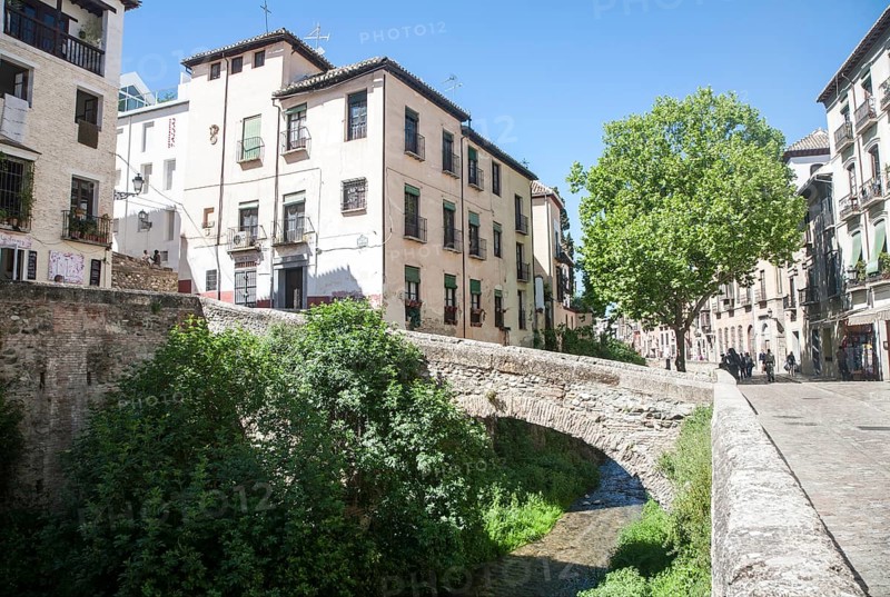 Historic buildings on Carrera del Darro and old bridge over the Rio Darro river, Granada, Spain, Europe