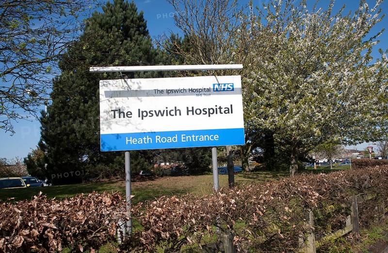 Sign outside Ipswich Hospital, NHS Trust, Ipswich, Suffolk, England, United Kingdom, Europe