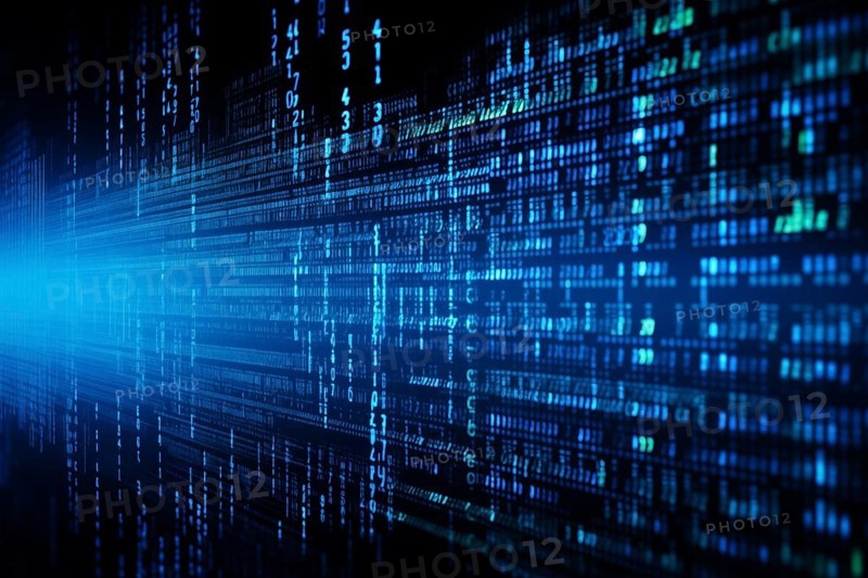 Blue dynamic digital data streams, showcasing flowing lines of code in a mesmerizing pattern, ideal for representing advanced computing, cybersecurity, and the intricate world of programming, AI generated