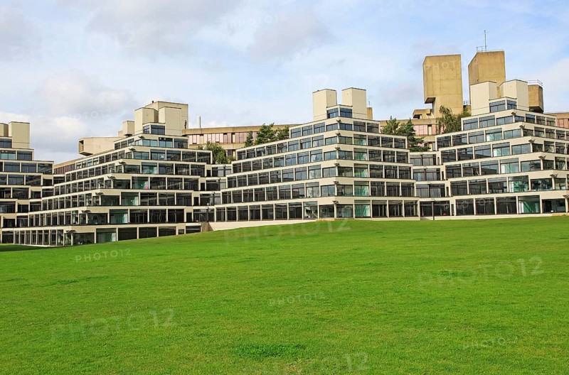 Student accommodation buildings known as Ziggurats, campus of University of East Anglia, Norwich, Norfolk, England, UK