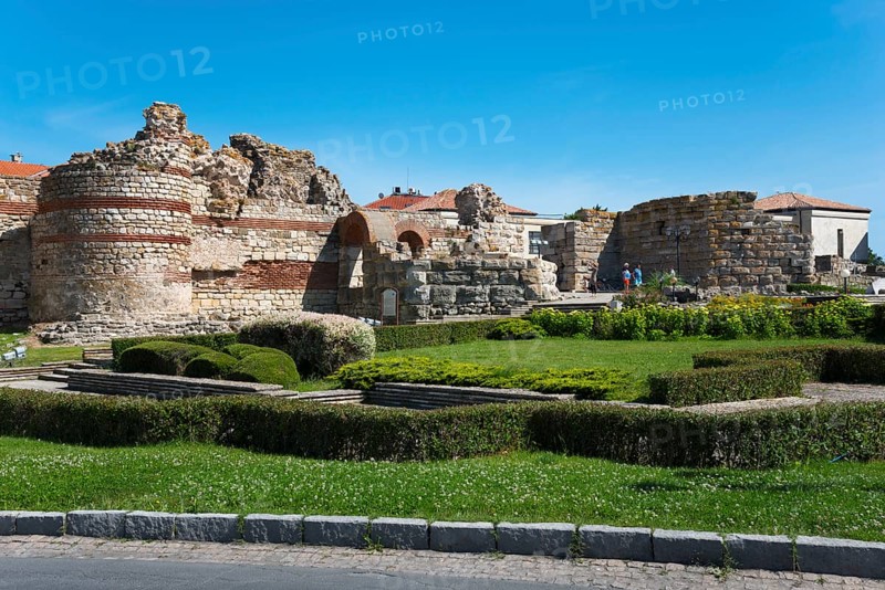 Ancient ruins under a clear blue sky with visitors exploring the historic site, Western Fortress Wall, Black Sea, Nesebar, Nessebar, Burgas, Bulgaria, Europe