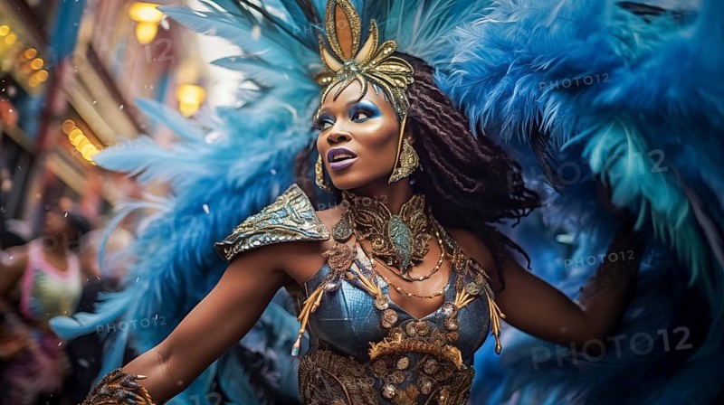 A dancer mascot adorned in a dazzling costume with feathers, immersed in the energetic atmosphere of the iconic Rio Carnival. The image captures the essence of celebration, color, and culture, AI generated