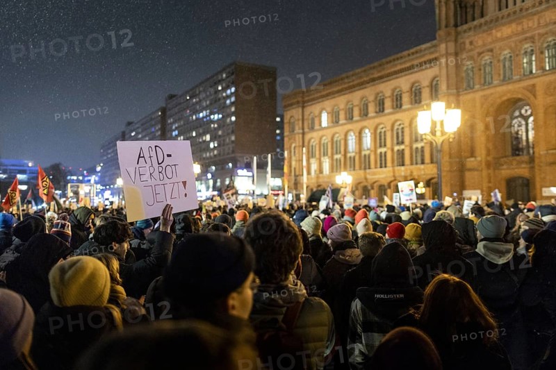 Pictures taken during the demonstration Auf die Strasse! Against Nazi deportation plans of the AfD in front of the Rotes Rathaus in Berlin, 17 January 2024. A sign with the inscription AfD ban now!
