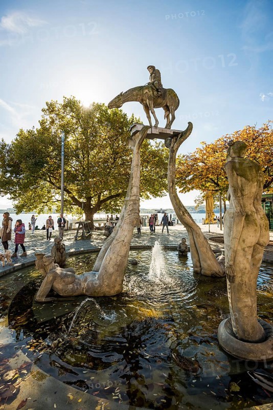 Fountain and lakeside promenade, the Lake Constance rider by Peter Lenk, Überlingen, Lake Constance, Baden-Württemberg, Germany, Europe