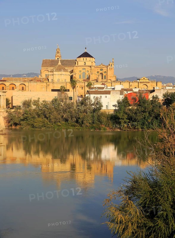 River Rio Guadalquivir and historic Mezquita cathedral buildings, Great Mosque, Cordoba, Spain, Europe