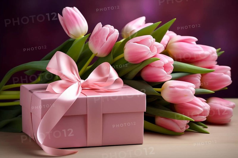 Gift Box with Pink Ribbon Beside bouquet of Fresh Tulips on Bokeh Background. Good for Valentine day, March 8, mother day, spring holidays, birthday designs, AI generated