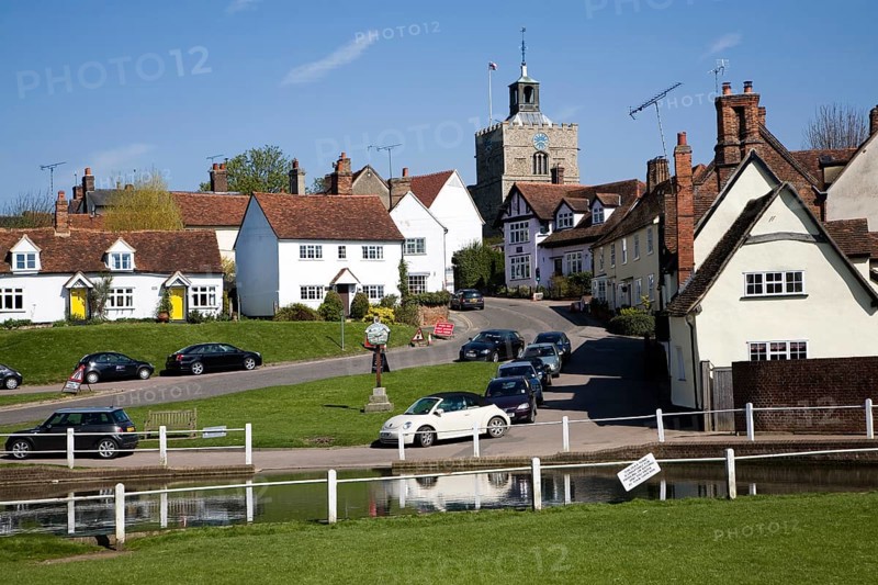 Pond and historic buildings in the attractive tourist honeypot village of Finchingfield, Essex, England, United Kingdom, Europe